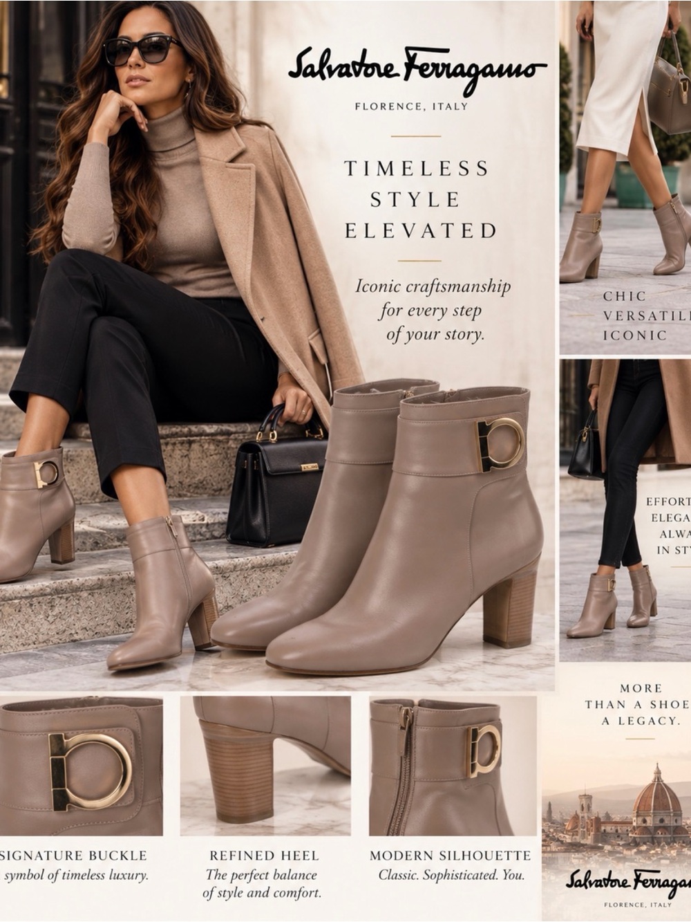 Salvatore Ferragamo Taupe Leather Ankle Boot with Gold Buckle